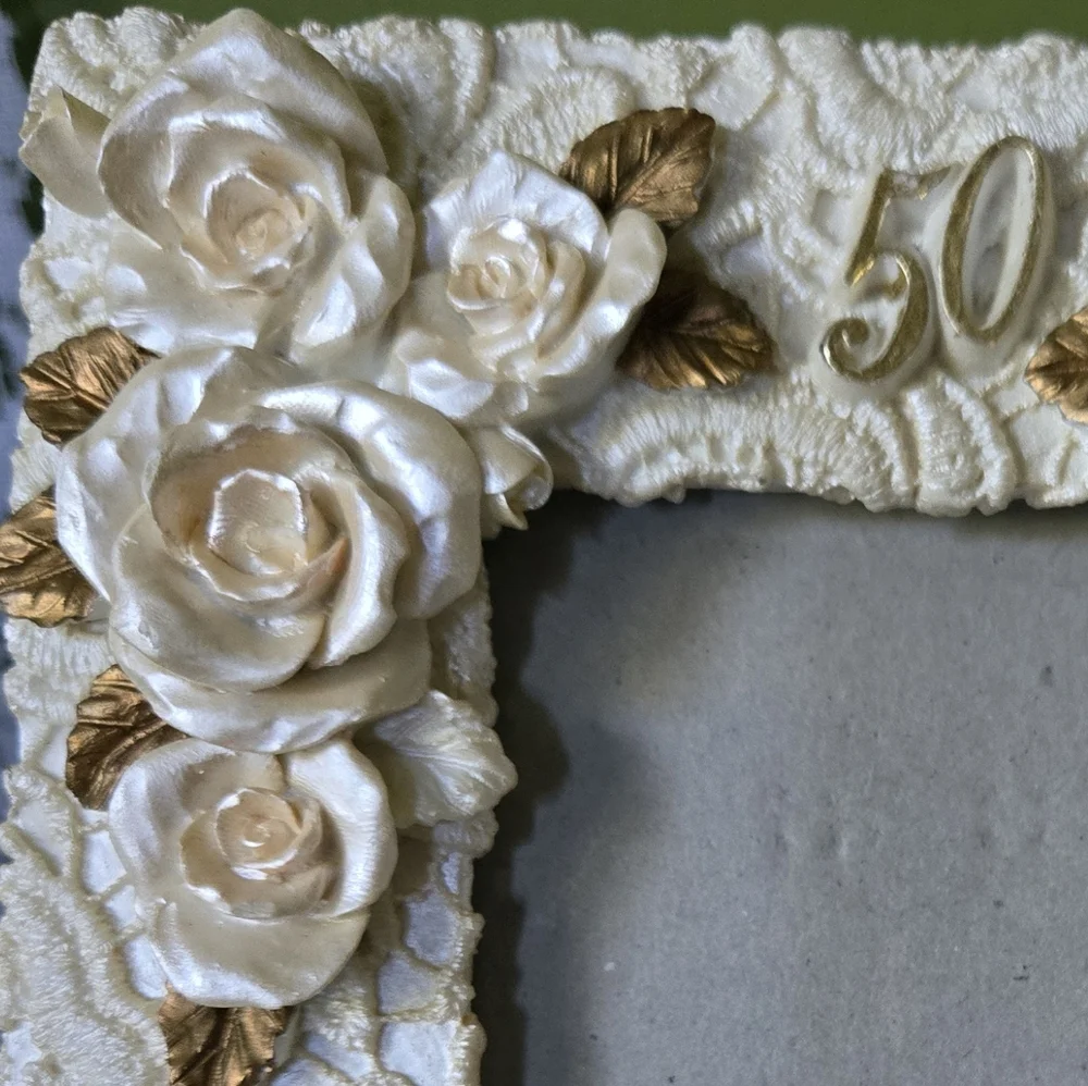 Ganz Elegant 50th Anniversary Frame In Cream Roses and Gold Leaves